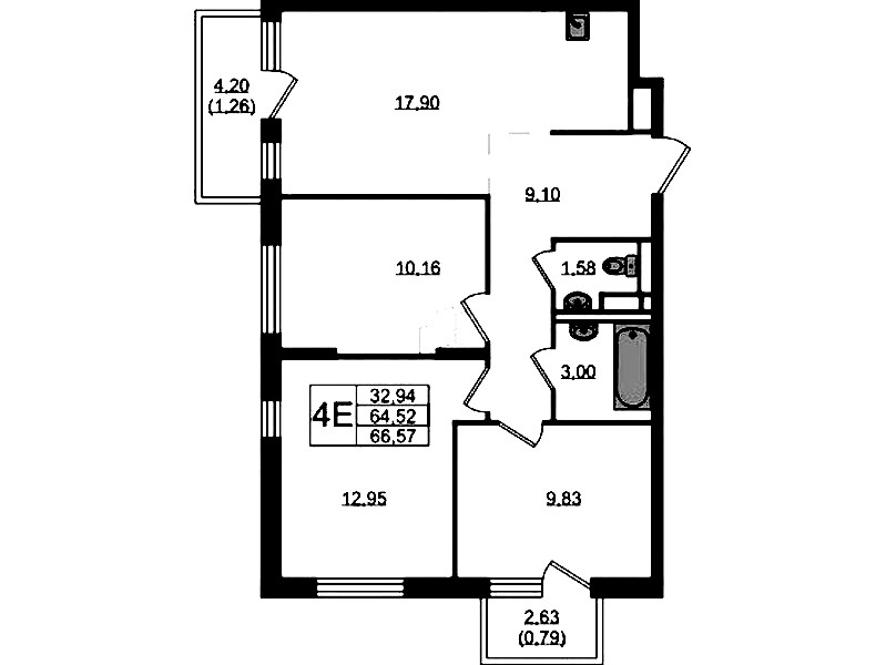 3-комнатная квартира 66.57 м², 3/12 эт., ЖК «Новые Лаврики»